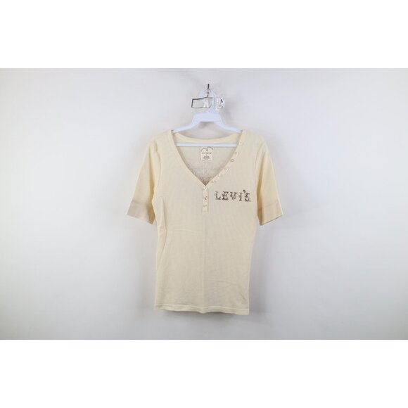 Vtg Y2K Levis Woemns Large Babydoll Cropped Thermal Waffle Knit Henley T-Shirt - Picture 1 of 14
